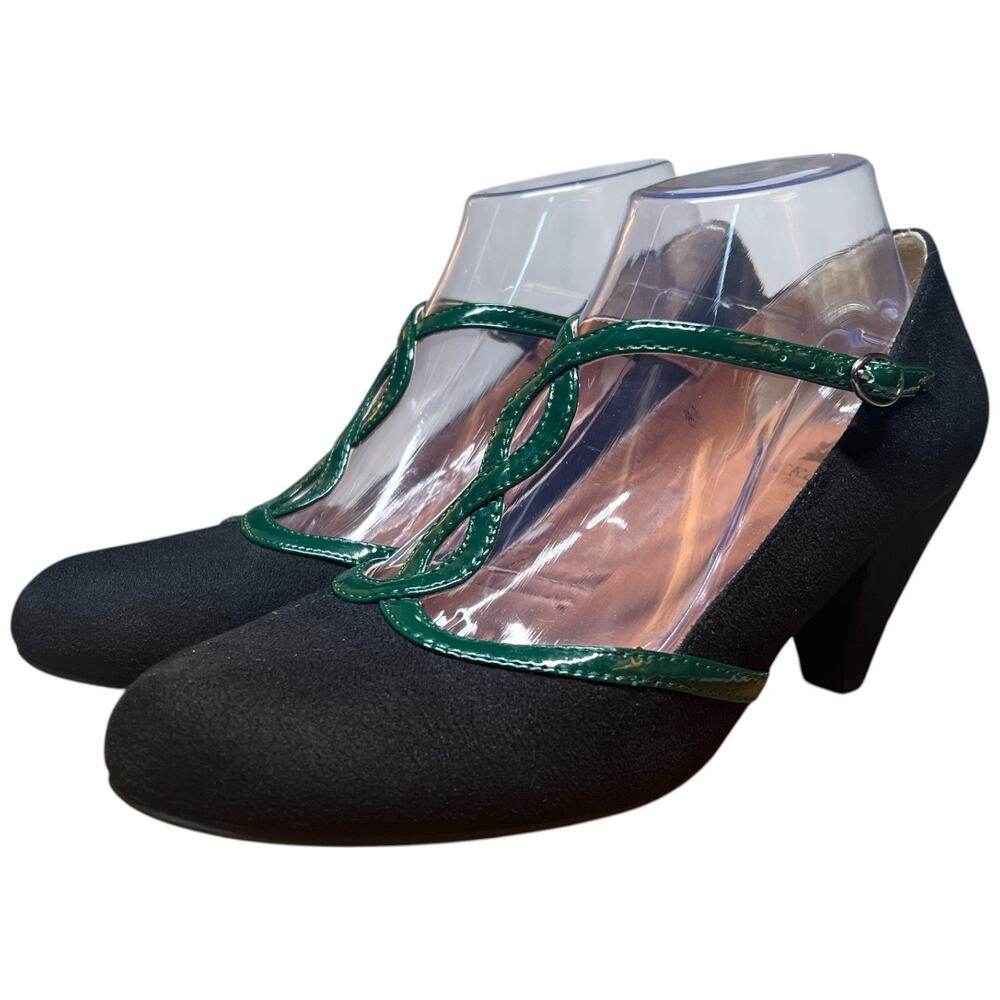 CROWN VINTAGE Women's 8.5 Black Suede Green Patent T Strap Heels Pumps READ